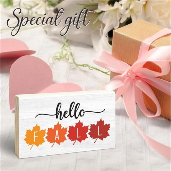 Hello Fall Wooden Block Sign - Watercolor Maple Leaf - Thanksgiving Pine Wood - Picture 4 of 5